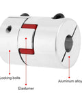 Aluminum Plum Shaped Flexible Shaft Coupling 10mm To 14mm Bore with locking bolts and elastomer, CNC and 3D printer use