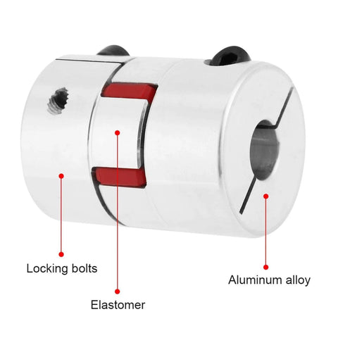 Aluminum Plum Shaped Flexible Shaft Coupling 10mm To 14mm Bore with locking bolts and elastomer, CNC and 3D printer use