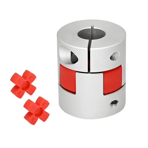 Compact Plum Blossom Shaft Coupling D30 L35 with a 10-14 mm bore, polyurethane elastomer, shown with red elastic spacers.