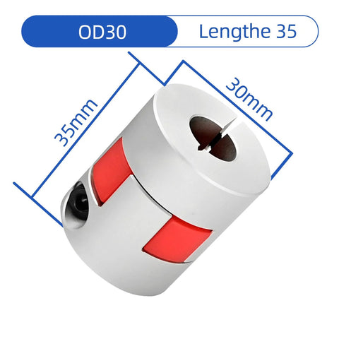 Compact Plum Blossom Shaft Coupling D30 L35 with a 10-14 mm bore and D30xL35 mm size, red polyurethane elastomer, side view.