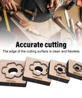 Plum Blossom Shaped Leather Die Cutter 4 Piece Set For Handmade DIY Leather Craft, boss grade punch dies on a wooden base with tools
