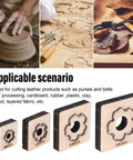 Plum Blossom Shaped Leather Die Cutter 4 Piece Set For Handmade DIY Leather Craft displayed with applicable materials and usage details.