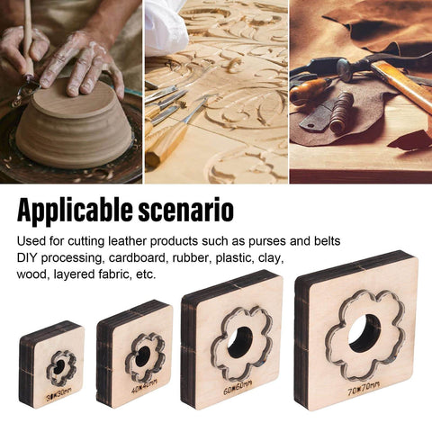 Plum Blossom Shaped Leather Die Cutter 4 Piece Set For Handmade DIY Leather Craft displayed with applicable materials and usage details.