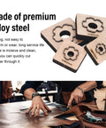Plum Blossom Shaped Leather Die Cutter 4 Piece Set For Handmade DIY Leather Craft, durable alloy steel, wooden base.