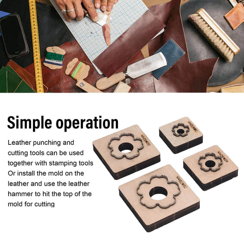 Plum Blossom Shaped Leather Die Cutter 4 Piece Set For Handmade DIY Leather Craft with wooden base on workbench