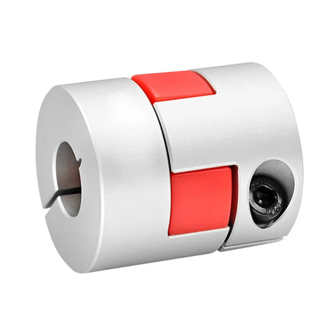 Compact Plum Blossom Shaft Coupling D30 L35 with a 10-14 mm bore, silver and red, polyurethane elastomer for CNC machines and robotics.