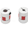 2 Pack Plum Shaped Aluminum Flexible Shaft Couplings 5mm To 8mm Bore D20 L25 for CNC Machines, Two Couplings Shown with Red Inserts