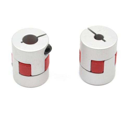2 Pack Plum Shaped Aluminum Flexible Shaft Couplings 5mm To 8mm Bore D20 L25 for CNC Machines, Two Couplings Shown with Red Inserts