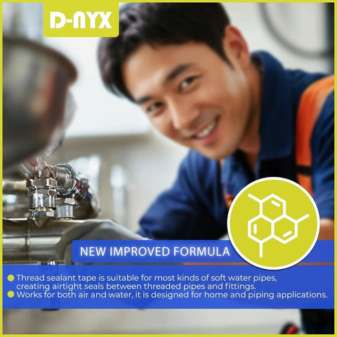 Plumber using thread sealant tape on pipes with D-NYX branding and new formula information in background.