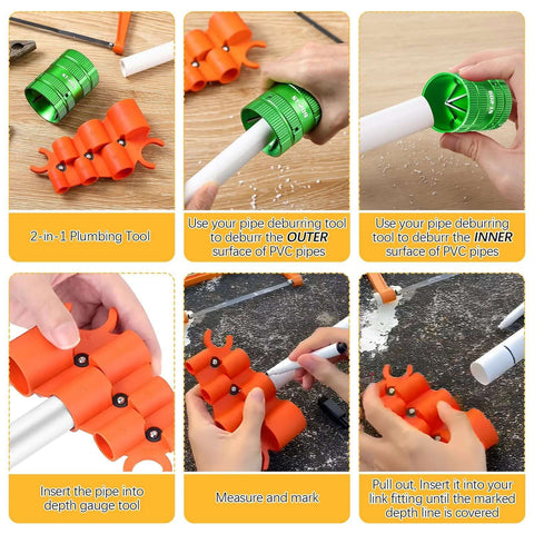 2 In 1 Plumbing Tool Kit With Deburring Tool And Depth Gauge For Copper PEX PVC CPVC Brass And Aluminum Tubing From Quarter Inch To One And Five Eighths Inch Deburring Range And Quarter Inch To One Inch Depth Gauge Great For Pros And DIYers shown in use with PVC pipes, demonstrating deburring and depth gauge functions.