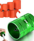 2 In 1 Plumbing Tool Kit With Deburring Tool And Depth Gauge For Copper PEX PVC CPVC Brass And Aluminum Tubing From Quarter Inch To One And Five Eighths Inch Deburring Range And Quarter Inch To One Inch Depth Gauge Great For Pros And DIYers, close-up view of green tool and orange attachments.