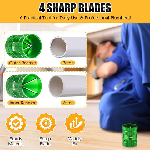 2 In 1 Plumbing Tool Kit With Deburring Tool And Depth Gauge For Copper PEX PVC CPVC Brass And Aluminum Tubing From Quarter Inch To One And Five Eighths Inch Deburring Range And Quarter Inch To One Inch Depth Gauge Great For Pros And DIYers featuring sharp blades and reamer use illustration