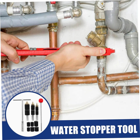 Person using Water Stopper Tool Kit For Plumbing Emergency Leak Repair With Wrench And Pins Built Tough From Stainless Steel Copper And Rubber on pipes