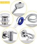 Scenes for using Eight Rolls Half Inch Wide PTFE Plumbing Tape 520 Inches Long, with faucet, shower, hose, and sink drain examples
