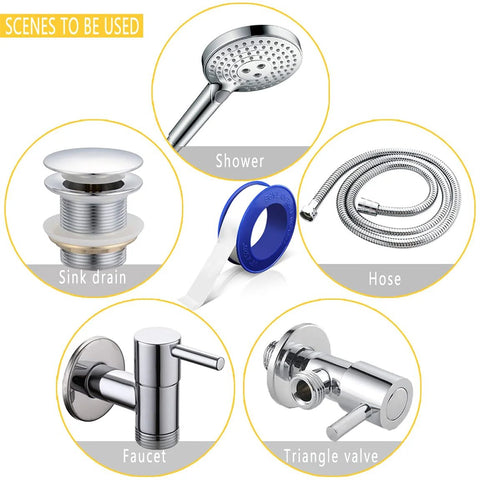Scenes for using Eight Rolls Half Inch Wide PTFE Plumbing Tape 520 Inches Long, with faucet, shower, hose, and sink drain examples