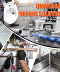 Collage showing plumbing tools, pipe repairs, and a bathroom sink for Universal Repair Solution use.