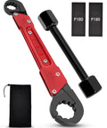5 Piece Plumbing Tools Kit With Angle Stop Wrench And Adjustable Plumbers Wrench For Installing New Compression Angle Stops And Removing Compression Rings Includes Storage Bag Built For Easy DIY Home Plumbing, showing tools and storage bag front view.