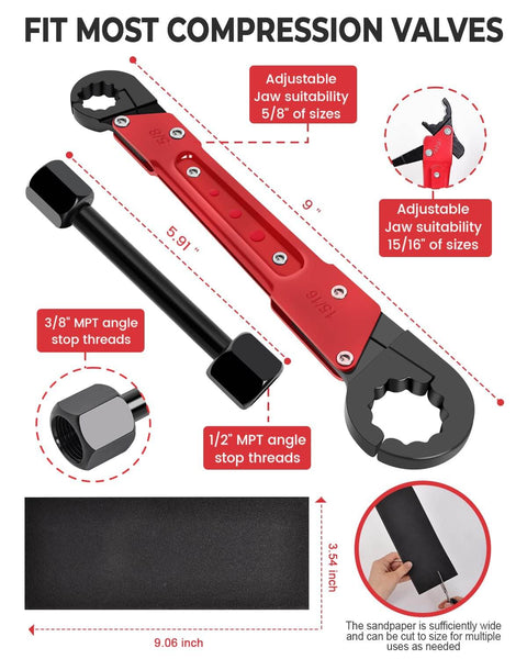 5 Piece Plumbing Tools Kit With Angle Stop Wrench And Adjustable Plumbers Wrench For Installing New Compression Angle Stops And Removing Compression Rings Includes Storage Bag Built For Easy DIY Home Plumbing