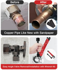 5 Piece Plumbing Tools Kit With Angle Stop Wrench And Adjustable Plumbers Wrench For Installing New Compression Angle Stops And Removing Compression Rings Includes Storage Bag Built For Easy DIY Home Plumbing showing before and after sanded pipes and valve work.