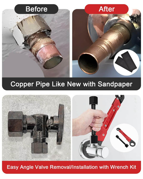 5 Piece Plumbing Tools Kit With Angle Stop Wrench And Adjustable Plumbers Wrench For Installing New Compression Angle Stops And Removing Compression Rings Includes Storage Bag Built For Easy DIY Home Plumbing showing before and after sanded pipes and valve work.