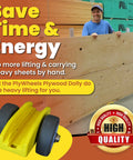 Compact Plywood And Drywall Dolly For Moving Panels And Drywall Carts by Plywheels showcased with a worker moving wood panels.