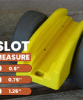 Side view of yellow Compact Plywood And Drywall Dolly For Moving Panels And Drywall Carts By Plywheels with slot measurements