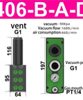 Diagram of Multistage Pneumatic Vacuum Generator With Large Suction And High Flow For PM401B AD Vacuum Pumps, 406-B-A-D model.