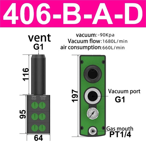 Diagram of Multistage Pneumatic Vacuum Generator With Large Suction And High Flow For PM401B AD Vacuum Pumps, 406-B-A-D model.