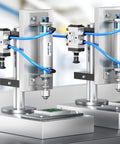 PNEUMATIC 25mm Bore 150mm Stroke Air Cylinder Double Action with Y Connector and 2Pcs 6mm Fitting MAL25x150 installed in machinery.