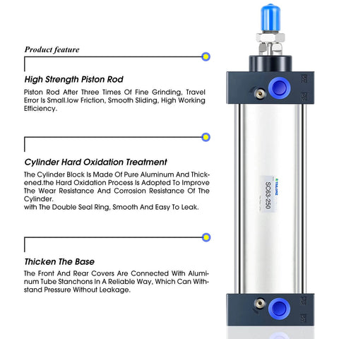 PNEUMATIC Air Cylinder SC 63-250 PT 3/8; Bore: 2 1/2 inch, Stroke: 10 inch, Screwed Piston Rod Dual Action, front view with features.