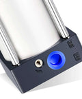 Close-up of PNEUMATIC Air Cylinder SC 63-250 PT 3/8; Bore: 2 1/2 inch, Stroke: 10 inch, aluminum body with blue port