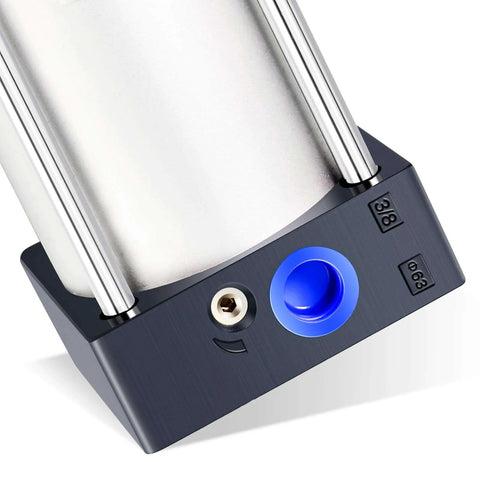 Close-up of PNEUMATIC Air Cylinder SC 63-250 PT 3/8; Bore: 2 1/2 inch, Stroke: 10 inch, aluminum body with blue port