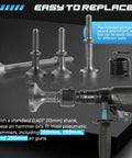 Five Piece Air Hammer Bits Set With Spring 0.401 Inch Pneumatic Chisel Bits for Power Hammer Drills shown with attachments.
