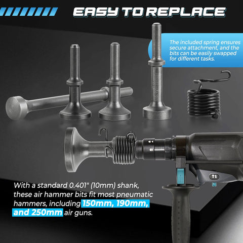Five Piece Air Hammer Bits Set With Spring 0.401 Inch Pneumatic Chisel Bits for Power Hammer Drills shown with attachments.