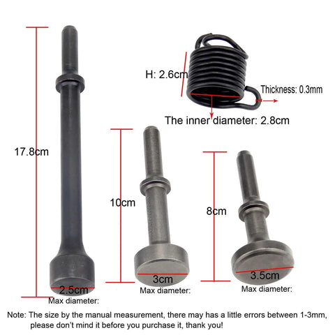 3Pcs Smoothing Pneumatic Air Hammer Pneumatic Chisel bit Set showing 3 bits in varying sizes and a spring, made of alloy steel.