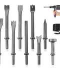 10 Piece Pneumatic Air Hammer Chisel Set For Demolition And Metal Shaping, Heavy Duty High Carbon Steel With 0.401 Inch Shank