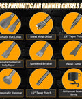 Image showing 10 Piece Pneumatic Air Hammer Chisel Set For Demolition And Metal Shaping, Heavy Duty High Carbon Steel with labeled tools.