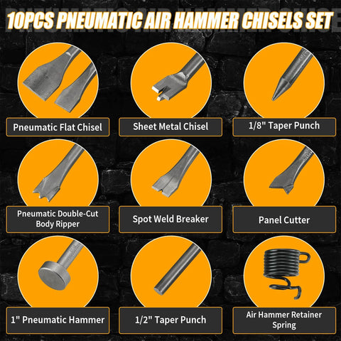 Image showing 10 Piece Pneumatic Air Hammer Chisel Set For Demolition And Metal Shaping, Heavy Duty High Carbon Steel with labeled tools.