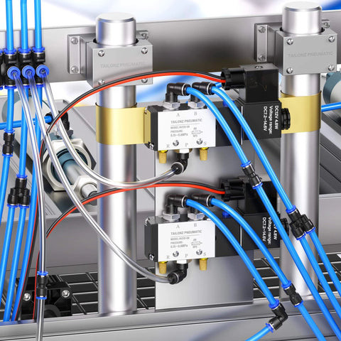Pneumatic system with blue air lines connected using 30 Pcs Pneumatic Straight Push Connectors Set for tubing in operation.