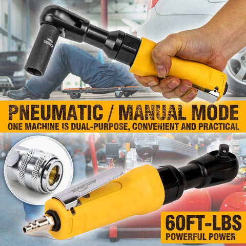 3/8-Inch Air Ratchet Wrench for Auto Maintenance, held in hand, with yellow grip, shown in manual and pneumatic modes, 60 FT-LBS torque