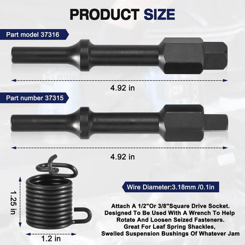 Shake N Break Pneumatic Bolt Breaker Set parts 37315 and 37316 with 3/8 in and 1/2 in adapters, air hammer spring shown.