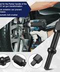 Shake N Break Pneumatic Bolt Breaker Set loosening stubborn bolts on a car wheel with air hammer spring and adapters.