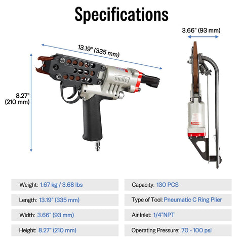 Compact Pneumatic Hog Ring Gun With 15 Gauge 3/4 Inch Crown Pliers, 5.5 To 6.0 Mm Closure specifications view