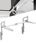 Silver cabinet door hinges with folding lift up top vertical swing mechanism and pneumatic arm for kitchen cabinets.