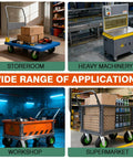 10 inch pneumatic caster wheels set of 4 with heavy duty air tires showcased in varied applications: storeroom, workshop, heavy machinery, supermarket.