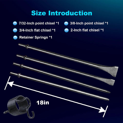 Pneumatic Air Chisel Set With Air Hammer Spring And Comprehensive Bit Collection Including 7/32 Inch Point Tip, 3/8 Inch