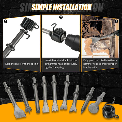 10 Piece Pneumatic Air Hammer Chisel Set For Demolition And Metal Shaping, Heavy Duty High Carbon Steel With 0.401 Inch Shank, Includes Spring