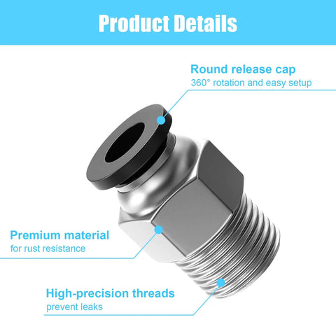 Close-up of PC4 M10 Pneumatic Quick Connector Fittings No Fuss Bowden Tube Coupler Male Straight PTFE Tube Push Fit For E3D V6 Bowden Extruder And Ender 3 Ender 3 V2 3D Printer Parts with round release cap and high-precision threads.