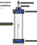 Front view of PNEUMATIC Air Cylinder SC 63-250 PT 3/8; Bore 2 1/2 inch, Stroke 10 inch with aluminum body and piston rod.