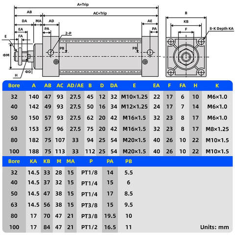 Technical diagram and specifications for pneumatic air cylinder model SC 63-250 PT 3/8; Bore: 2 1/2 inch, Stroke: 10 inch.